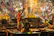 A serene photo of a priest performing Rudrabhishek with sacred fire and traditional offerings in a temple setting.