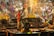 A vibrant scene depicting a traditional ceremony with a priest holding ritual items, surrounded by an appreciative crowd. The atmosphere is filled with smoke and warm lighting, creating a spiritual and festive ambiance.