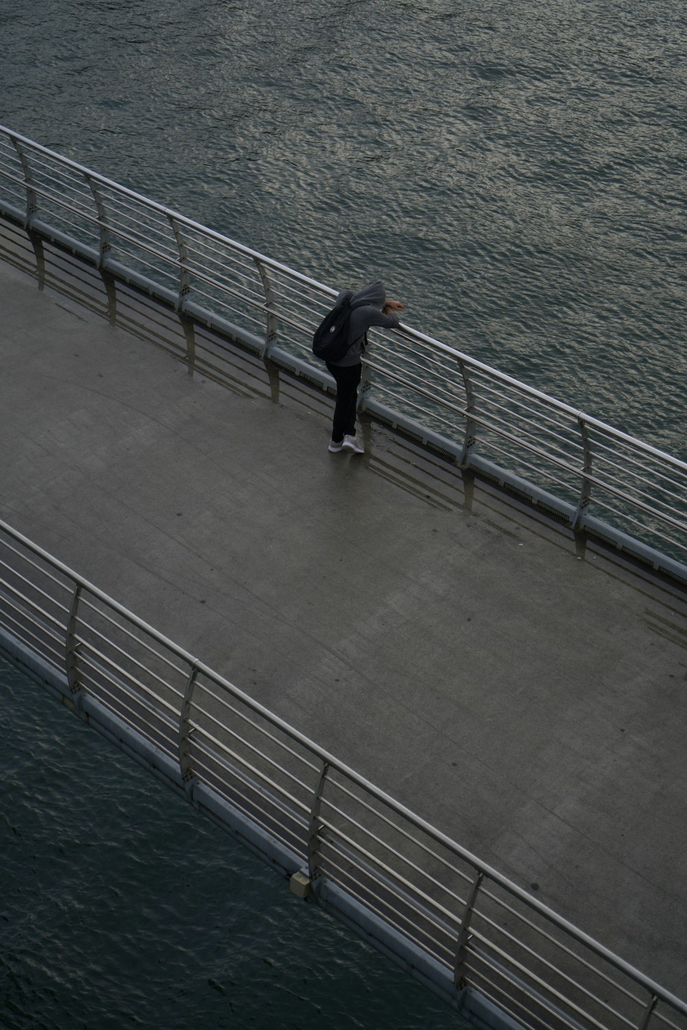 a man is skateboarding on a bridge over the water