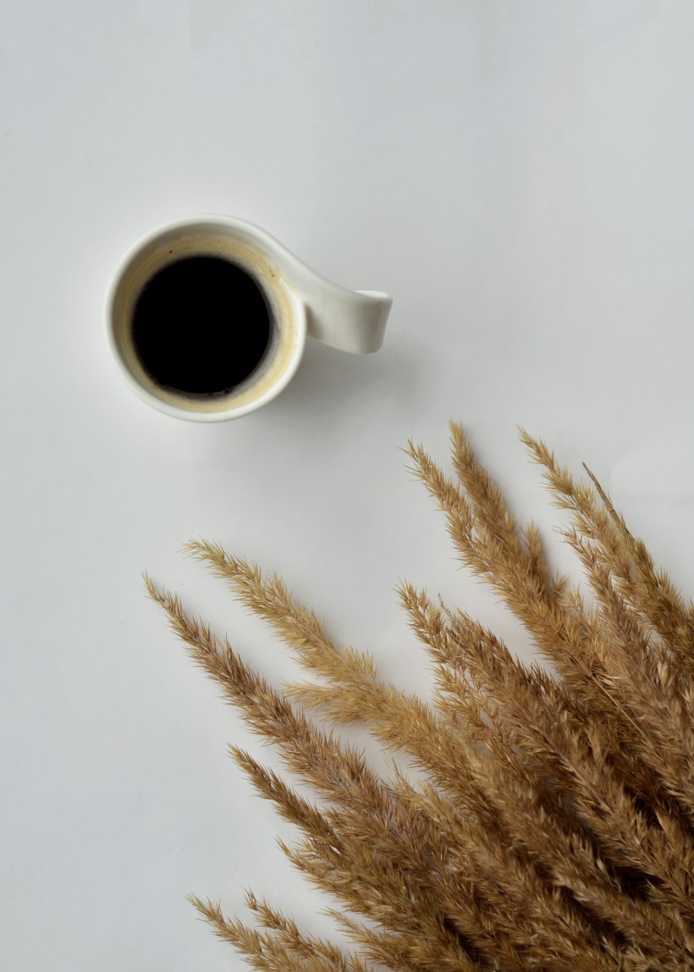 a cup of coffee sitting next to a bunch of dry grass