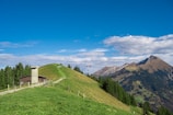 A serene landscape featuring rolling green hills with clusters of conifer trees, a small rustic wooden cabin with a chimney, and a winding path surrounded by fencing. A lone paraglider soars in the distance against the backdrop of majestic, rugged mountains under a clear blue sky scattered with fluffy clouds.