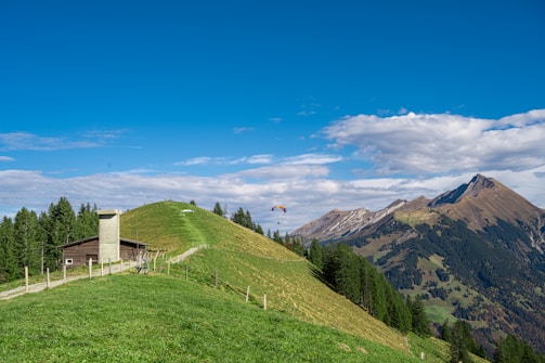 A serene landscape featuring rolling green hills with clusters of conifer trees, a small rustic wooden cabin with a chimney, and a winding path surrounded by fencing. A lone paraglider soars in the distance against the backdrop of majestic, rugged mountains under a clear blue sky scattered with fluffy clouds.