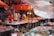 A bustling market scene with vendors and raw meat on display under orange umbrellas. People are busy arranging meat on tables, with plastic containers and various items around. Some stall lights hang overhead, illuminating the area.