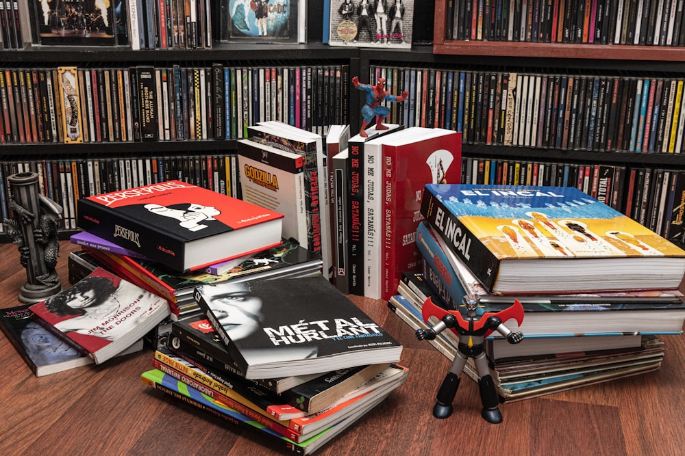 a pile of books sitting on top of a wooden table