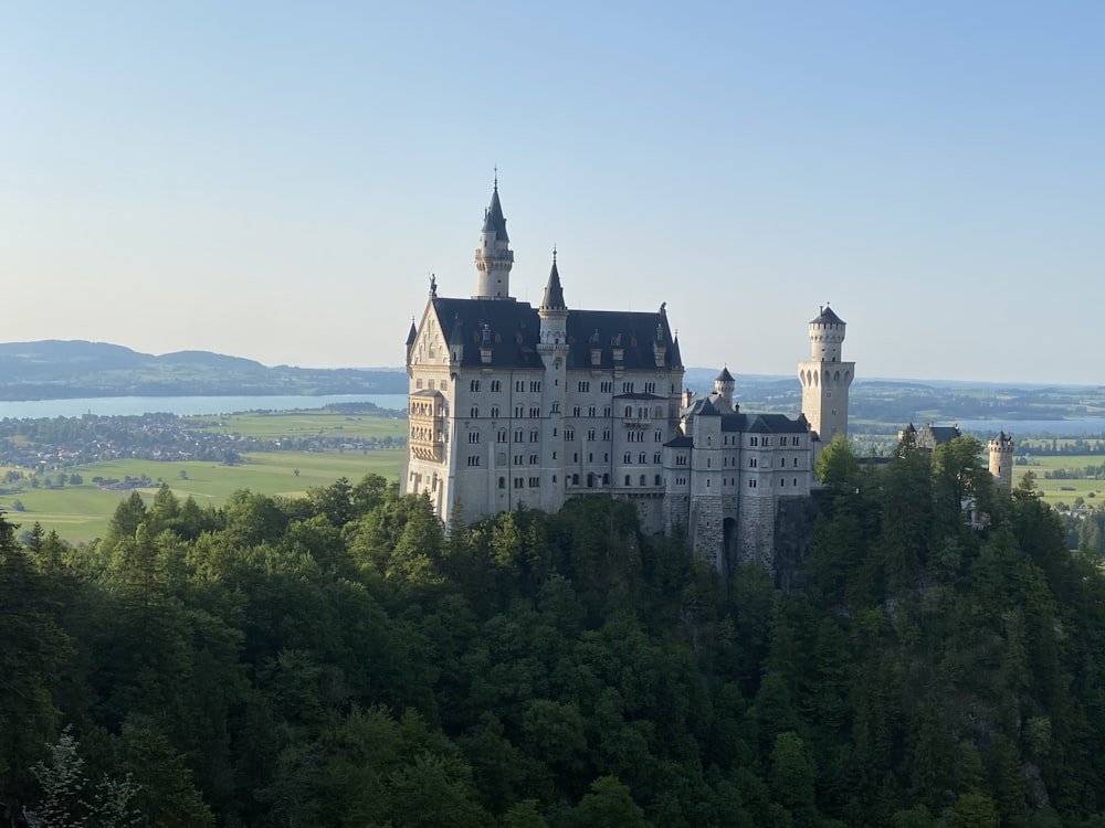 a castle on top of a hill surrounded by trees