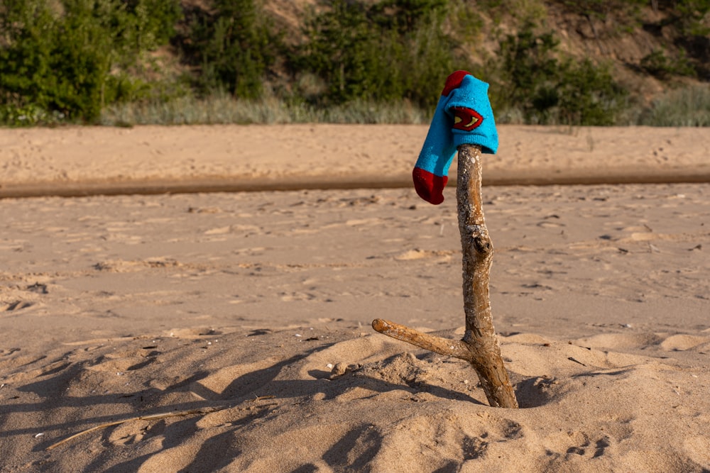 a blue hat on top of a stick in the sand