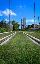 a train track running through a lush green field