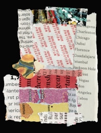 A collage consisting of ripped pieces of paper layered on top of each other. The paper features text in various fonts and colors, including phrases like 'SEALED FOR YOUR PROTECTION' and names of cities. The composition includes fragments of maps and different colored designs, resulting in an abstract artistic piece.