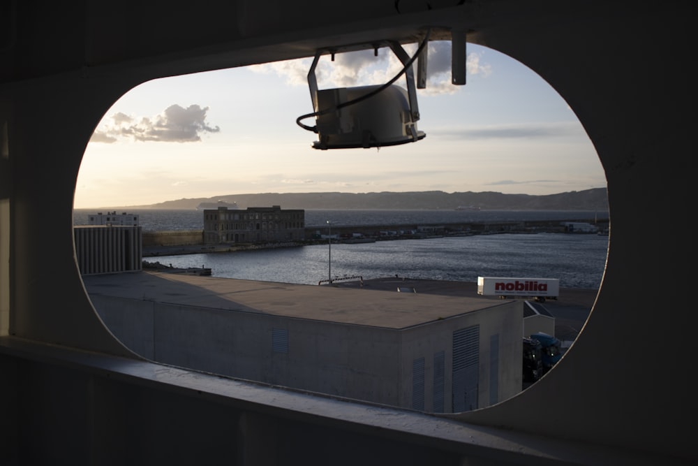 a view of a body of water from a window