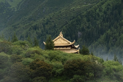 A traditional Asian temple with intricate architecture is nestled among lush, green forested hills. Mist lightly covers part of the vegetation, adding a serene and mystical atmosphere.