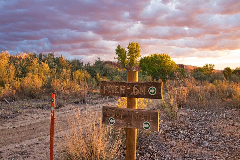 a wooden sign sitting on the side of a dirt road