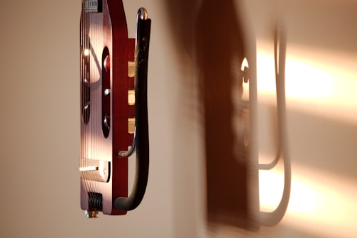 A stringed musical instrument is mounted on a wall. The instrument has a rich wooden body with metal strings and some metallic components. The wall and the instrument are warmly illuminated by sunlight, creating shadows that add depth to the scene.