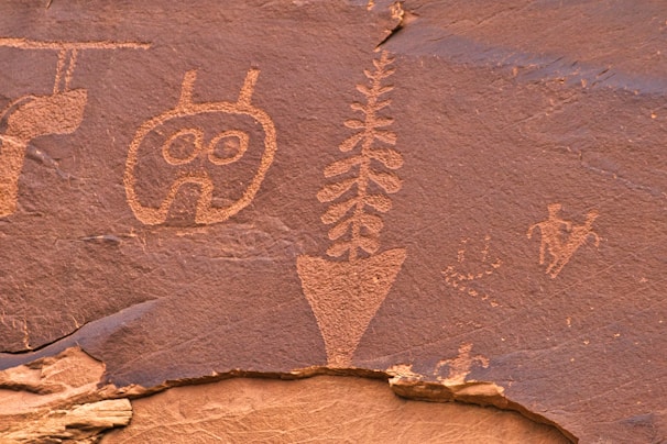 Ancient rock carvings depict various symbols and figures etched into a reddish-brown stone surface. The carvings include geometric shapes, plant-like patterns, and humanoid figures, suggesting symbolic or ritualistic significance.