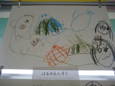 A child’s drawing rendered with colorful crayons on paper, depicting various playful and abstract figures including animals and objects. The artwork is simple, with scribbled lines and imaginative shapes. The picture features smiling faces and abstract forms, conveying a sense of creativity and innocence.