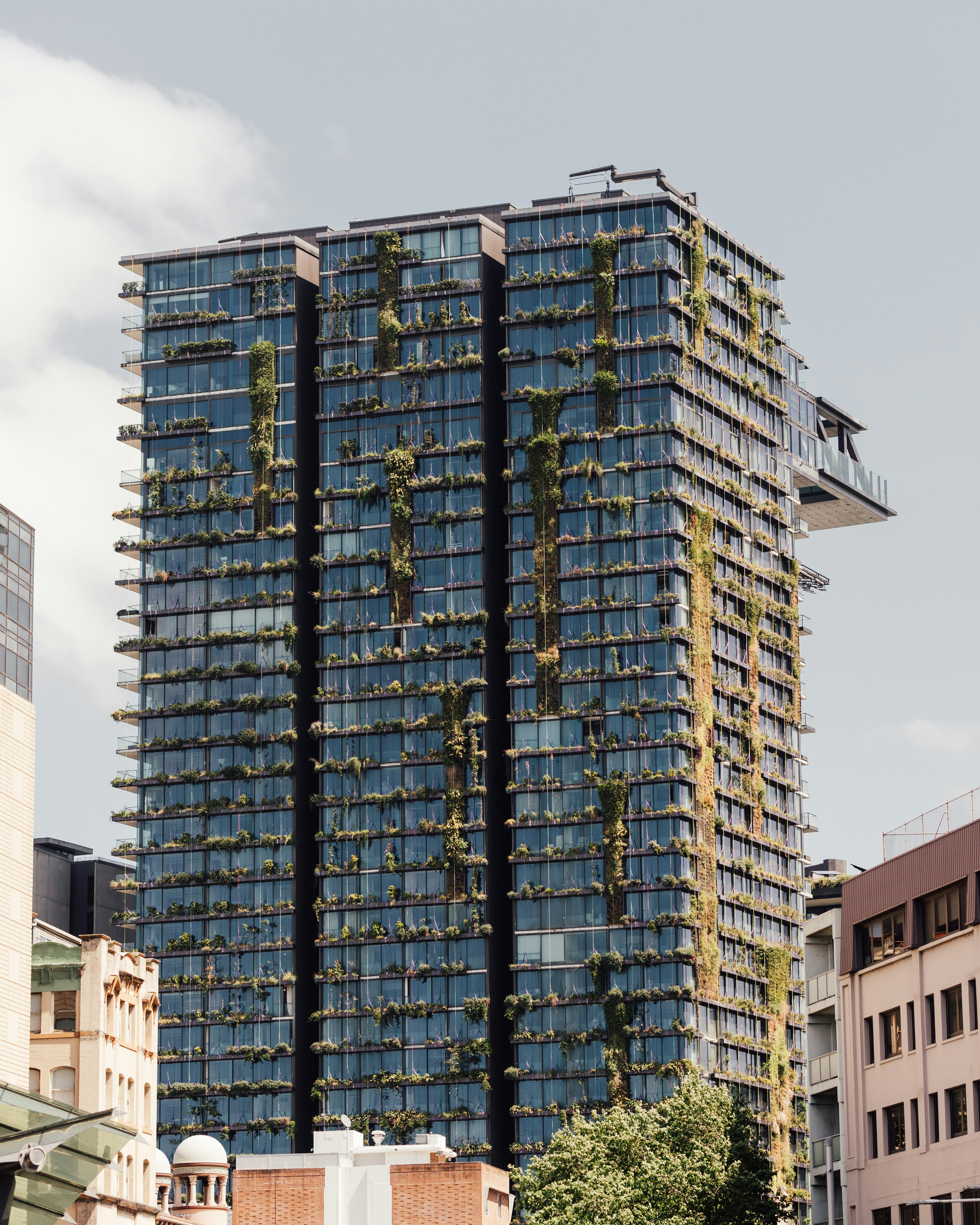 a tall building with plants growing on the side of it