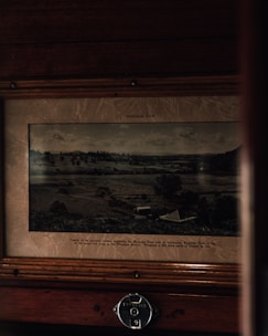 A vintage photograph is displayed within a wooden frame. The image features a pastoral landscape with rolling hills, scattered trees, and a few small structures. The scene is labeled as 'Wingham, N.S.W.' with additional text describing the Manning River area. The setup includes a metallic reserved sign with the number '9' at the bottom of the frame.