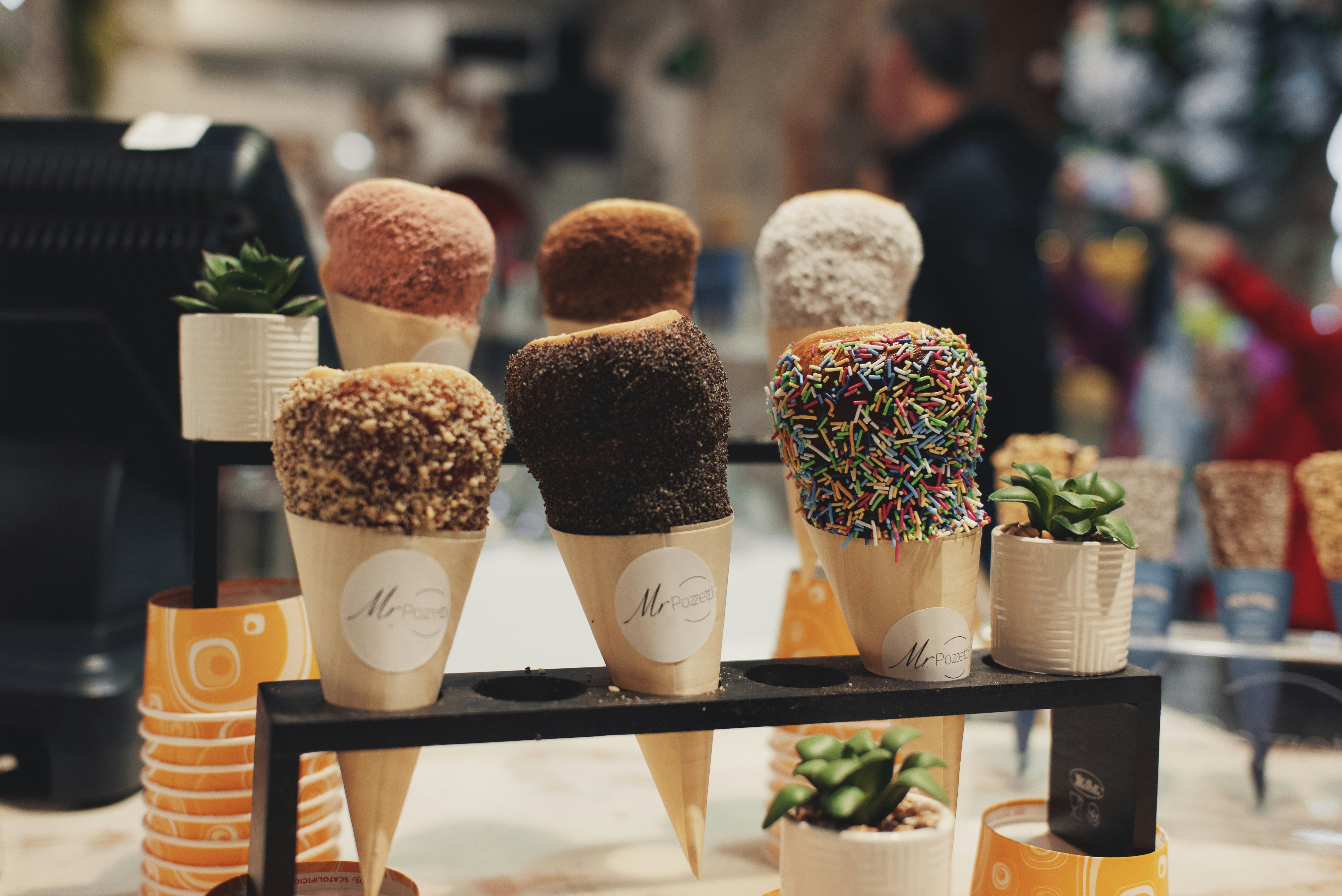 a display of ice cream cones with sprinkles and succulents, 