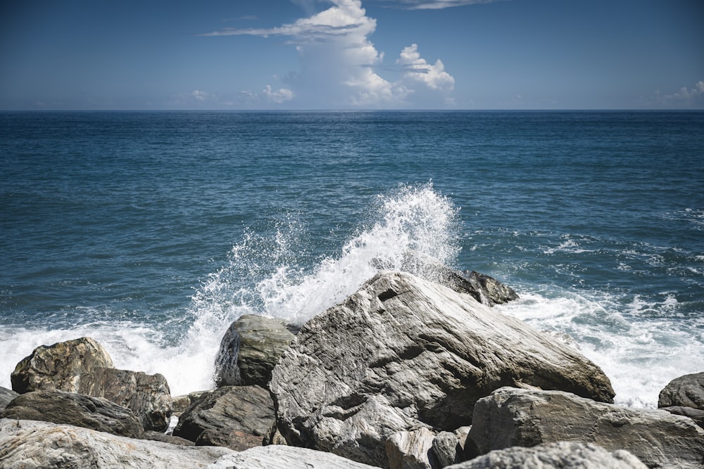 a large body of water sitting next to a rocky shore