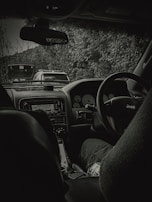 A view from inside a car with a focus on the dashboard, steering wheel, and interior features. The outside scenery reveals cars queuing ahead with dense foliage on the right side. The interior is dimly lit, showing the car brand on the steering wheel and a soft drink bottle near the passenger seat.