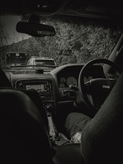 A view from inside a car with a focus on the dashboard, steering wheel, and interior features. The outside scenery reveals cars queuing ahead with dense foliage on the right side. The interior is dimly lit, showing the car brand on the steering wheel and a soft drink bottle near the passenger seat.