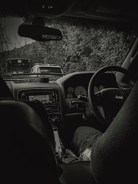 A view from inside a car with a focus on the dashboard, steering wheel, and interior features. The outside scenery reveals cars queuing ahead with dense foliage on the right side. The interior is dimly lit, showing the car brand on the steering wheel and a soft drink bottle near the passenger seat.