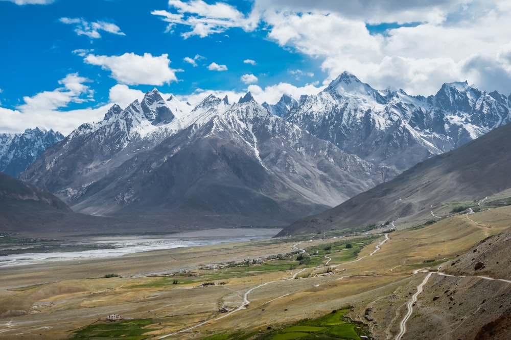 a scenic view of a mountain range with a river running through it