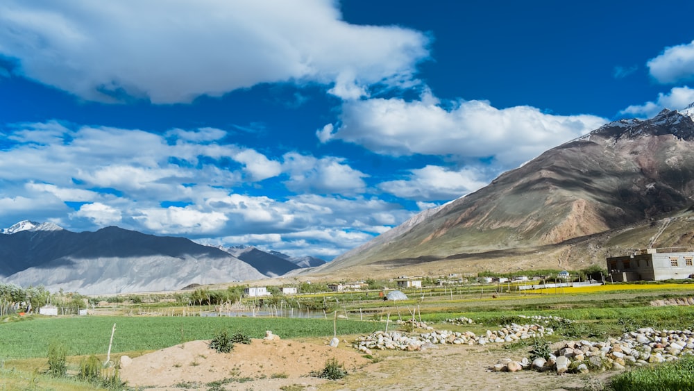 a scenic view of a valley with mountains in the background