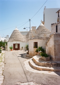 A picturesque street featuring traditional stone houses with conical roofs, known as trulli. The stone buildings are complemented by green plants in pots, adding a touch of nature. The pathway is narrow and paved with stones, leading through this charming architectural setting.