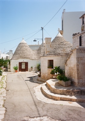 A picturesque street featuring traditional stone houses with conical roofs, known as trulli. The stone buildings are complemented by green plants in pots, adding a touch of nature. The pathway is narrow and paved with stones, leading through this charming architectural setting.