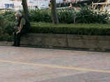 An elderly person wearing a mask sits alone on a low brick wall surrounded by a neatly trimmed hedge and potted plants. The background shows a blurred urban scene with trees and a waterfront area.