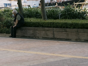 An elderly person wearing a mask sits alone on a low brick wall surrounded by a neatly trimmed hedge and potted plants. The background shows a blurred urban scene with trees and a waterfront area.