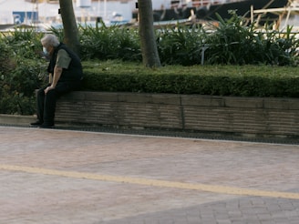 An elderly person wearing a mask sits alone on a low brick wall surrounded by a neatly trimmed hedge and potted plants. The background shows a blurred urban scene with trees and a waterfront area.