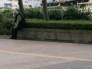 An elderly person wearing a mask sits alone on a low brick wall surrounded by a neatly trimmed hedge and potted plants. The background shows a blurred urban scene with trees and a waterfront area.