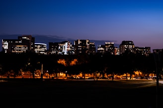 A cityscape at dusk with illuminated buildings and streets.