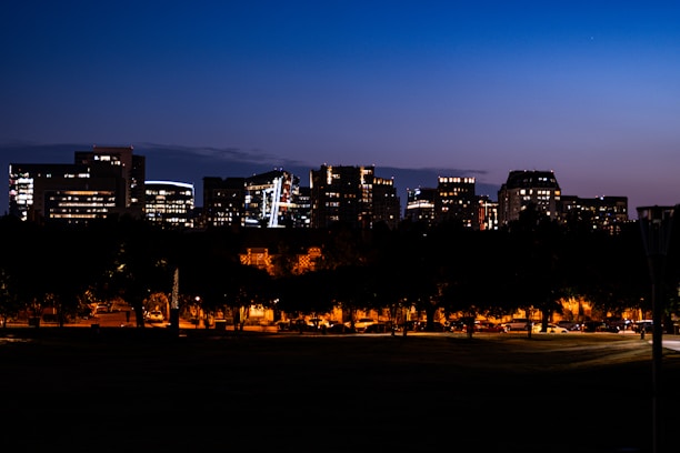 Dark overlay image of Neuquén cityscape at dusk with modern buildings and soft street lights.