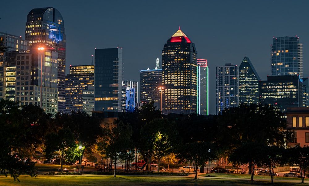 a view of a city skyline at night