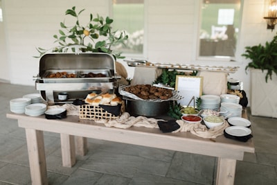 a table with a buffet of food on it