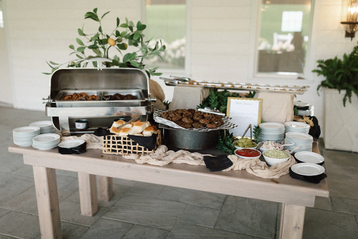 Wedding buffet service with prepared warm dishes