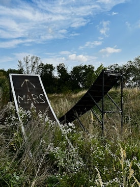 A grassy field with a metal ramp structure in the foreground. The word 'MARS' is painted on the ramp, which is surrounded by wildflowers and tall grasses. Trees and a partly cloudy sky can be seen in the background.