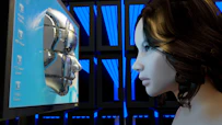A futuristic holographic AI chatbot glowing softly against a dark background, symbolizing emerging technology.