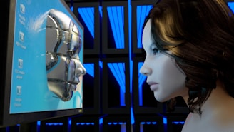 a female mannequin is looking at a computer screen