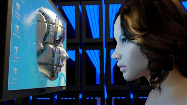A futuristic scene where a human-like robot face emerges from a computer screen, closely facing a woman with brown hair. The background consists of a grid of blue-lit panels.