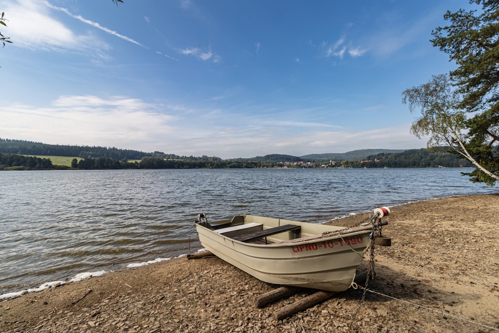 a boat sitting on the shore of a lake