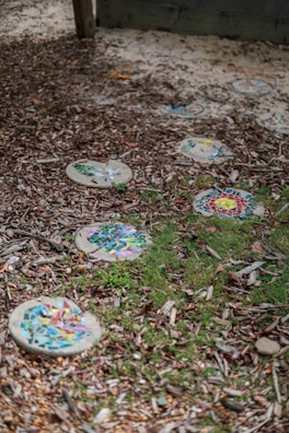 Artistic arrangement of multi-colored pavers creating a vibrant garden path.