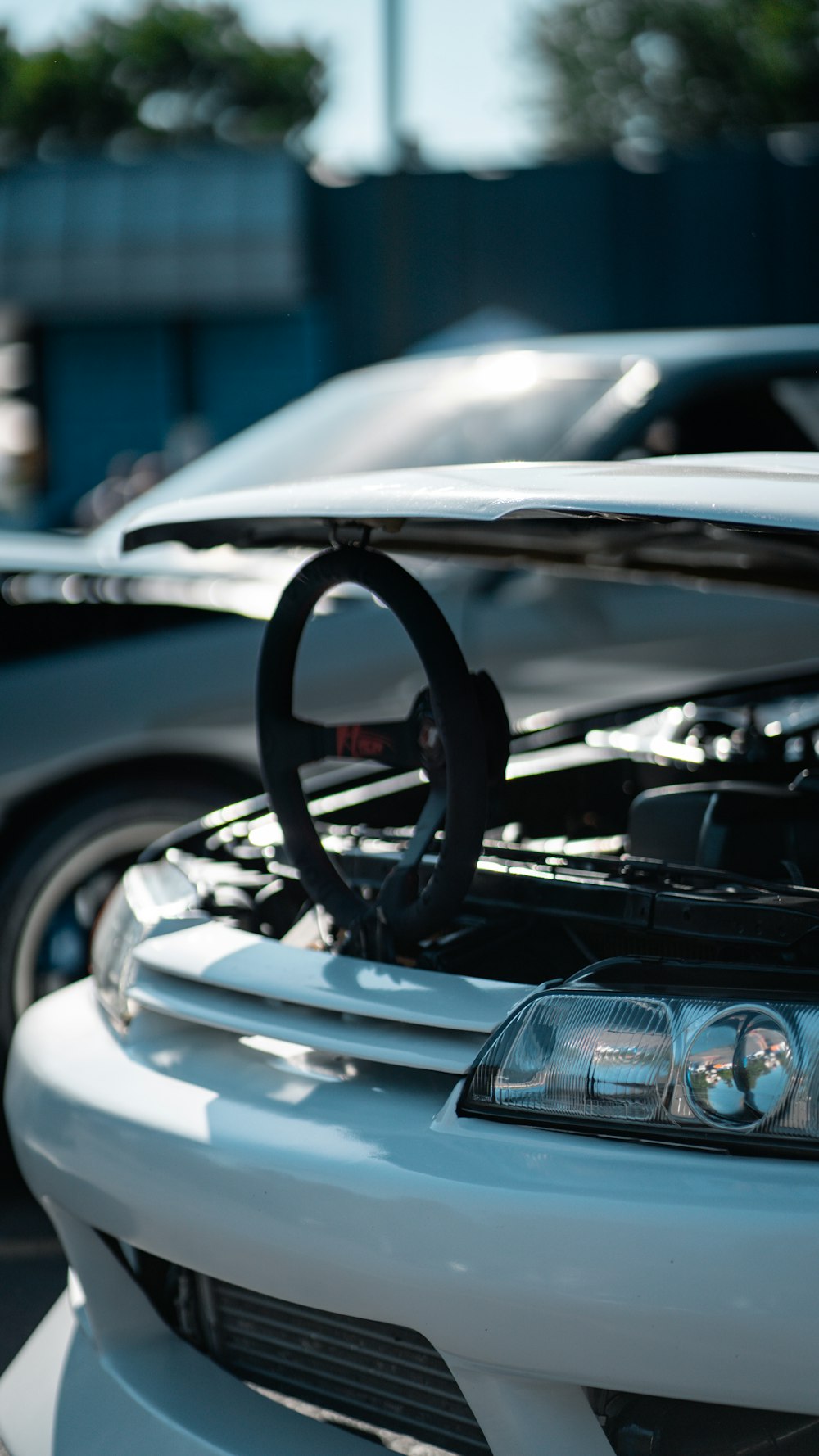 a close up of the hood of a car