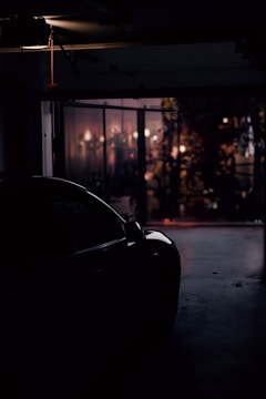 A darkened garage with a sleek black car partly visible on the left side. In the background, a glass partition subtly illuminates a warm, dimly lit room filled with various light fixtures and indoor plants, creating a cozy ambiance.