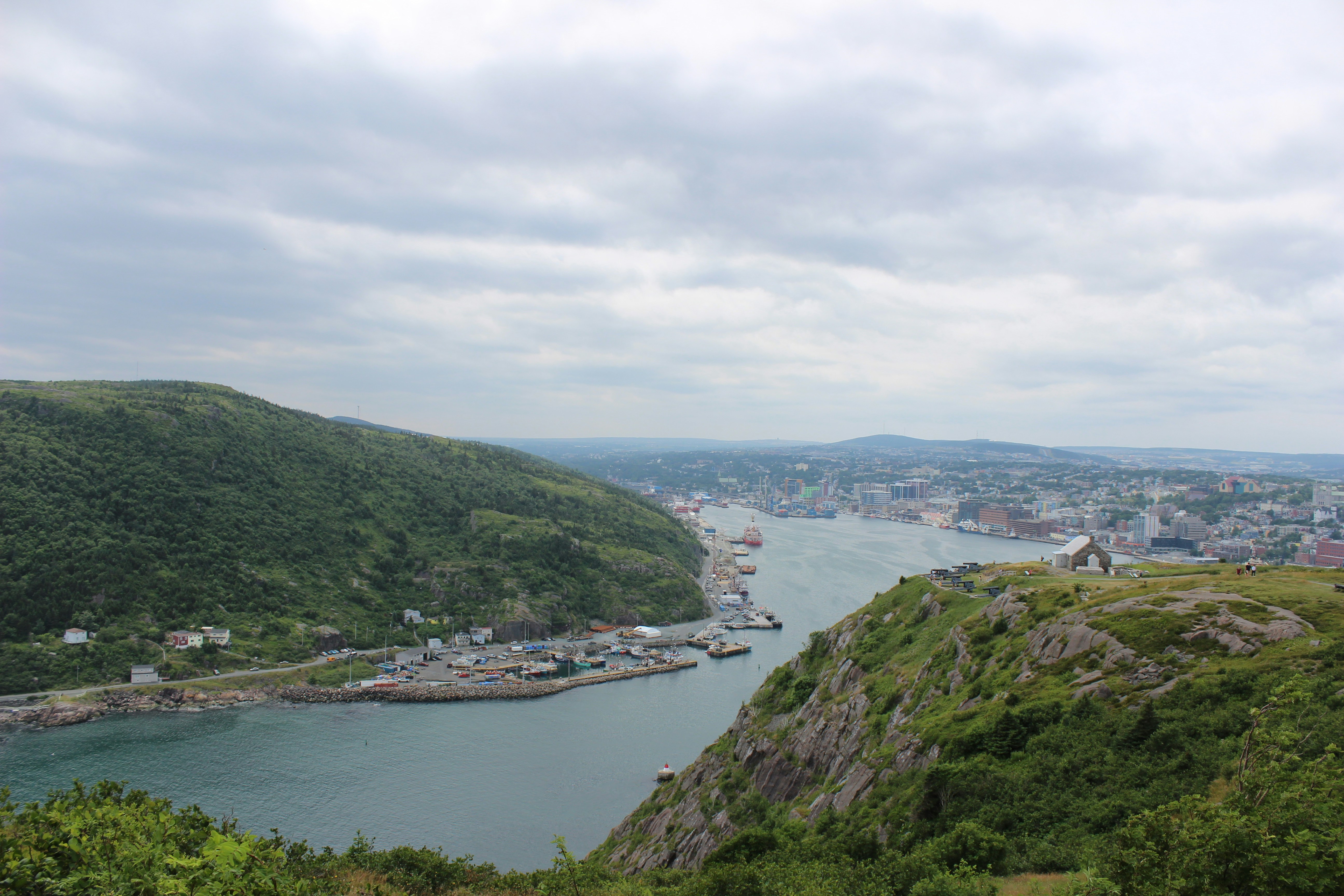 St. John's, Canada - Looking from Signal Hill towards St. John's and The Queen's Battery Barracks on a cloudy day. July 2023.