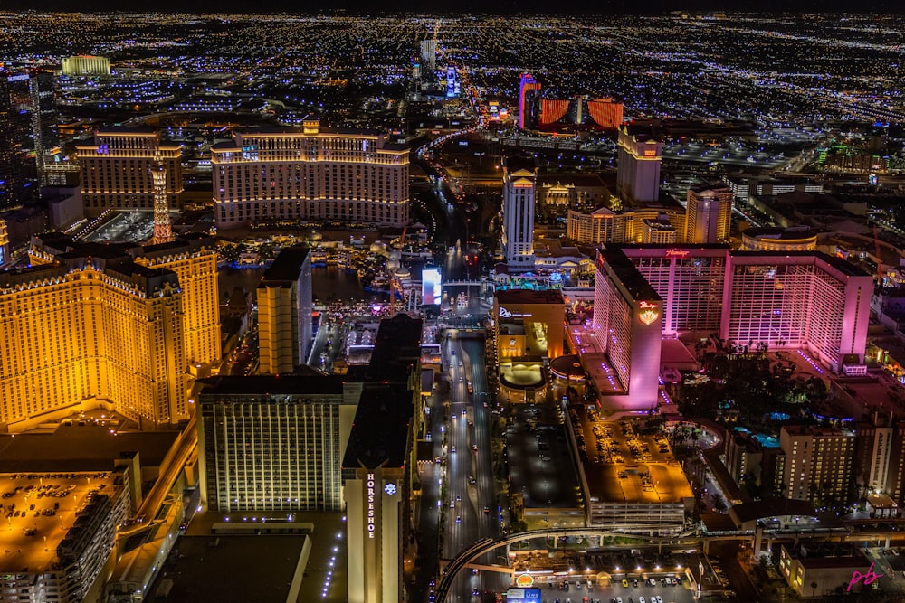 a view of a city at night from above