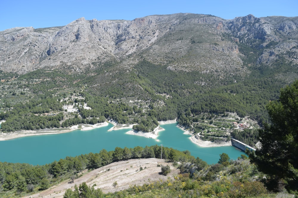 a view of a lake surrounded by mountains