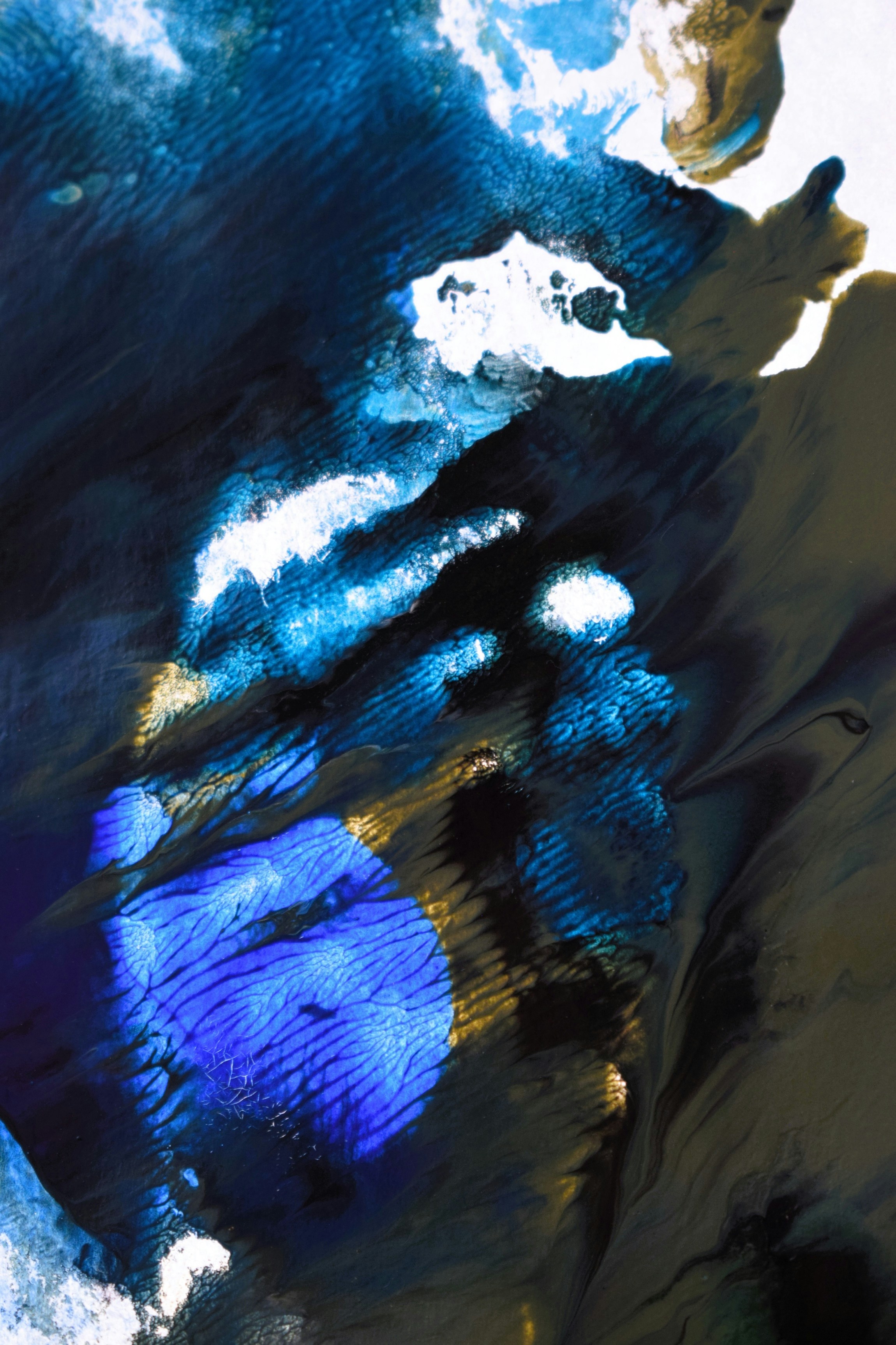 Abstract expressionist artwork in deep blues and golds as artist cover banner